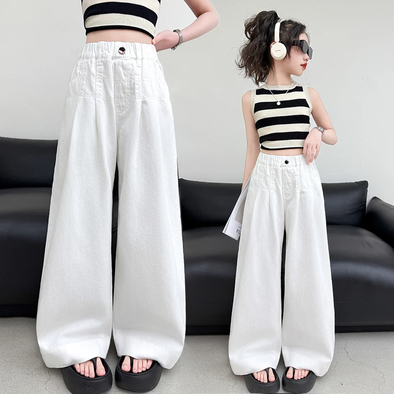 女童白色牛仔裤夏装2025新款儿童棉布直筒休闲裤中大童夏季阔腿裤