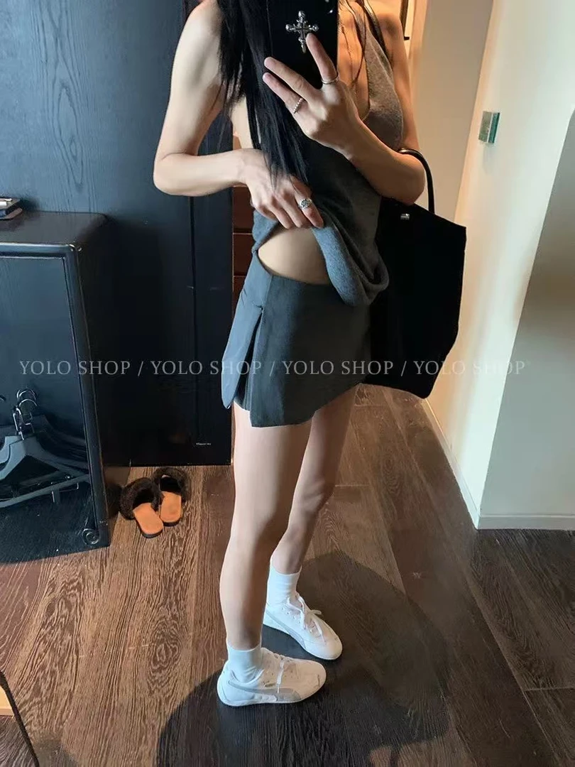NIDE 888夏季新款美式复古设计感侧边双开叉低腰a字包臀短款裙裤