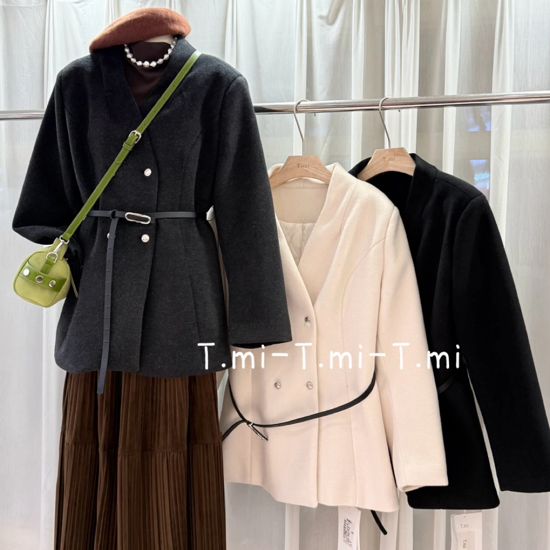 大码女秋冬季V领毛呢外套双面修身保暖短款小个子大衣