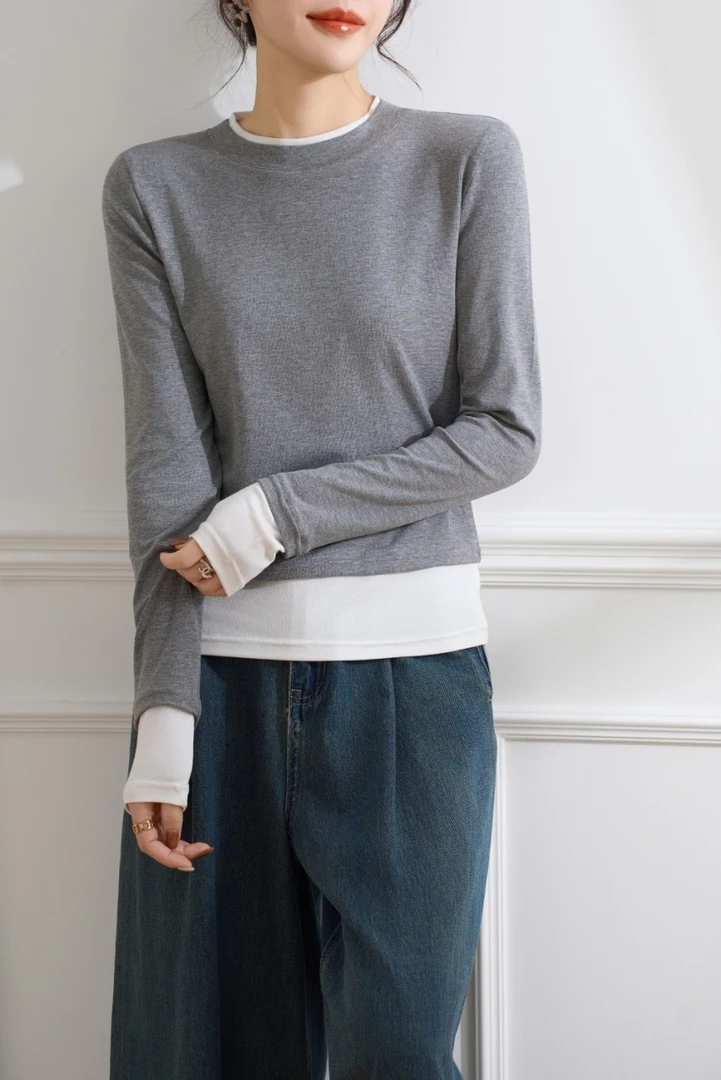 2025新款女装假两件长袖圆领打底衫修身显瘦上衣