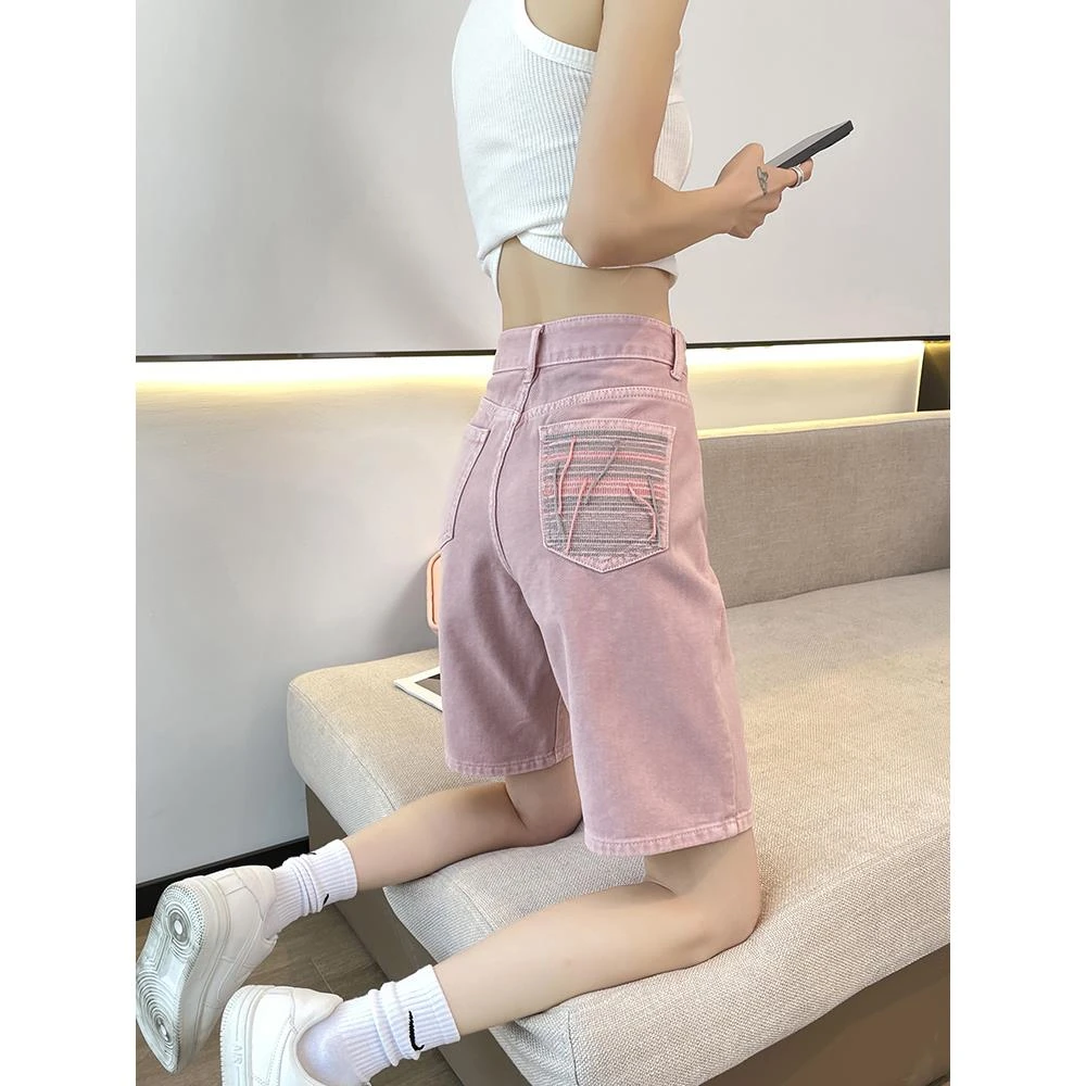 粉色显瘦宽松五分阔腿牛仔短裤女夏季薄款高腰设计感刺绣直筒中裤