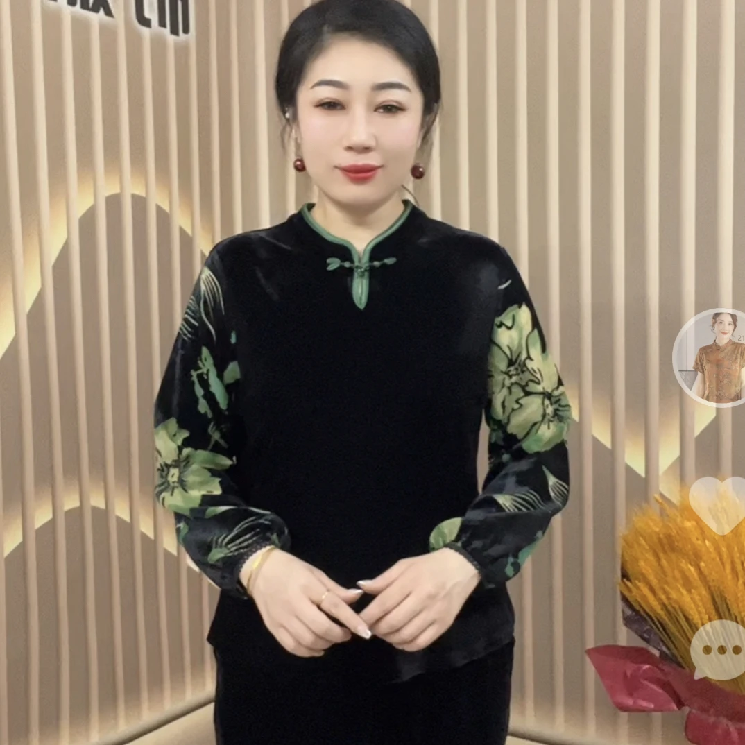 洋气旗袍领拼接小花袖妈妈装上衣