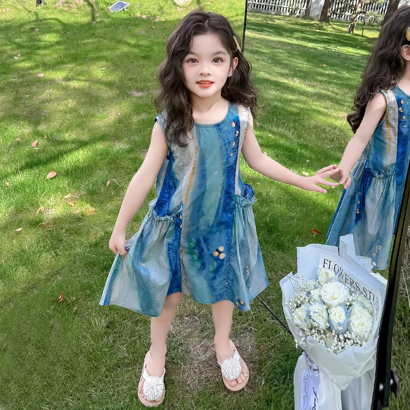 2025新款洋气公主裙子女宝宝儿童小女孩无袖背心裙扎染蓝色连衣裙