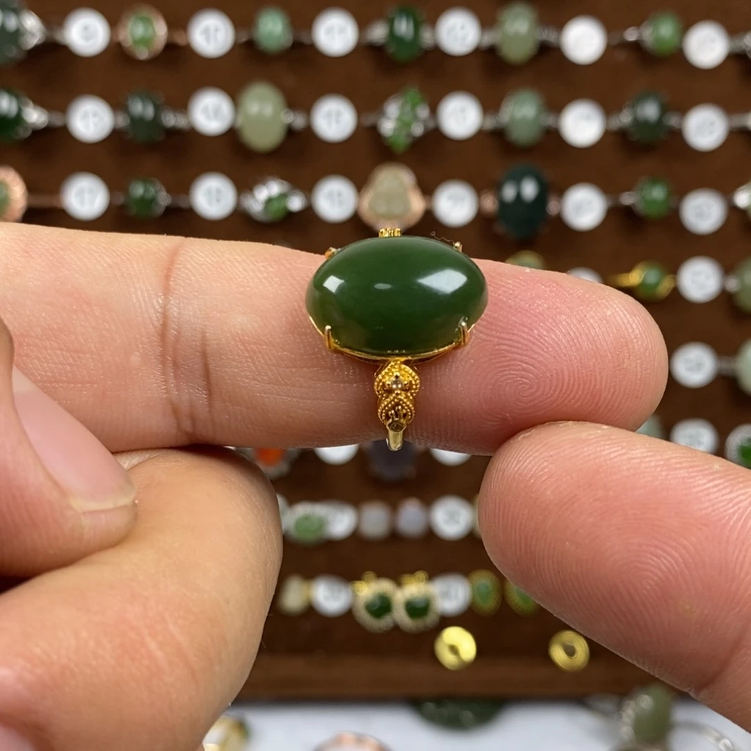 和田玉（碧玉）戒指银S925镀金镶嵌