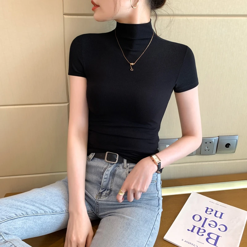 黑色冰丝半高领短袖t恤女2025夏季新款高级感打底衫面膜紧身上衣
