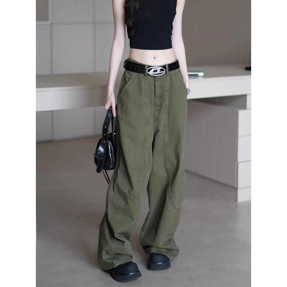 美式复古军绿色弯刀牛仔裤女夏季薄款2025新款低腰宽松直筒阔腿裤