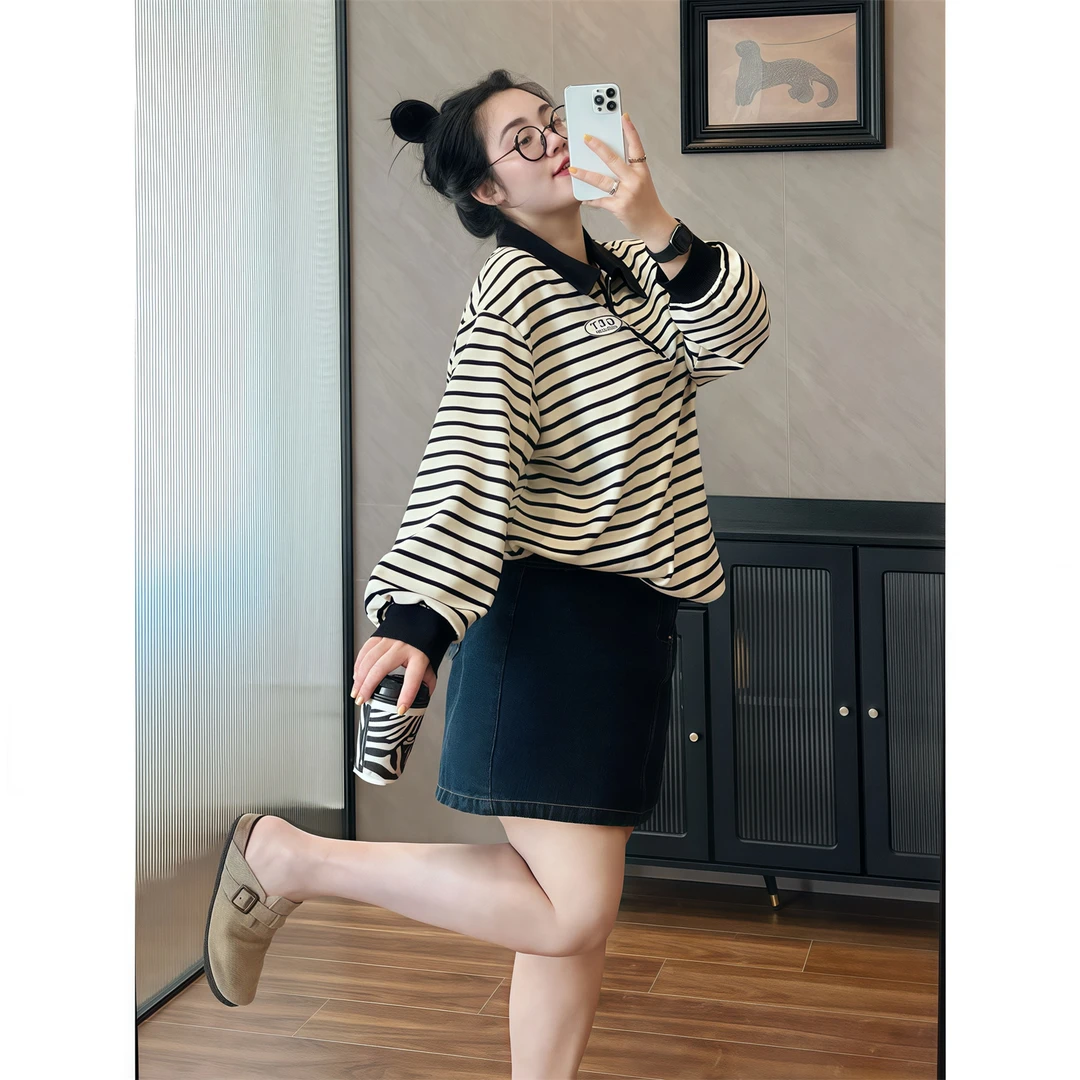 韩系奶酷 / 复古风条纹polo卫衣6902花契200斤胖mm春季小众显瘦