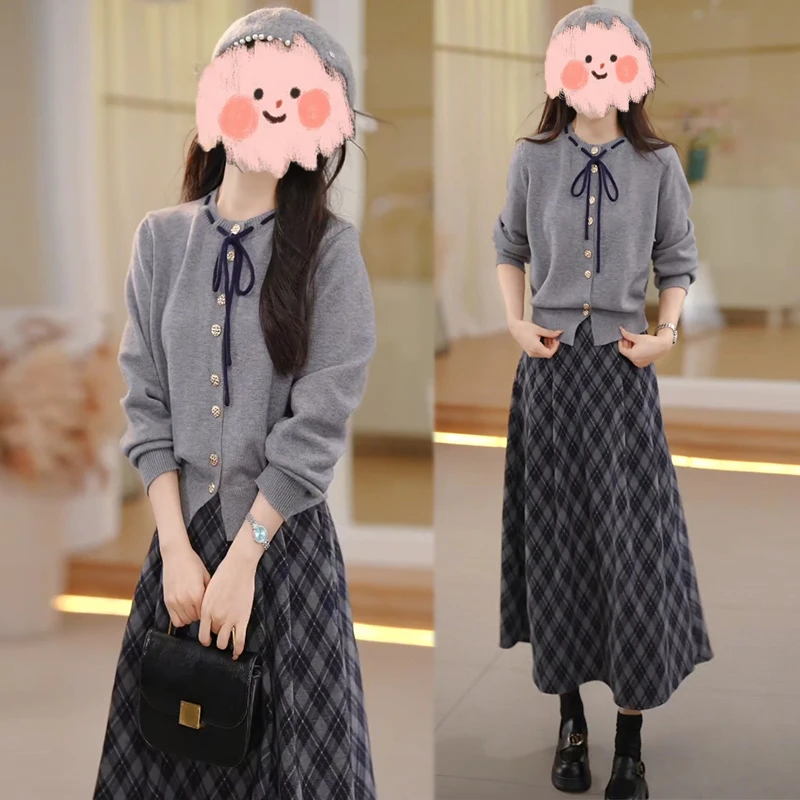 2025早秋韩版针织百搭格子开衫上衣+格纹半身裙两件套女时尚套装