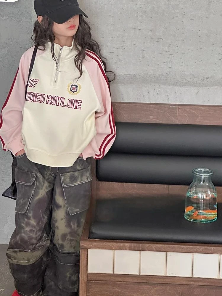 春季新款女童卫衣半拉链插肩袖春款上衣中大童韩版zb5211简约童品