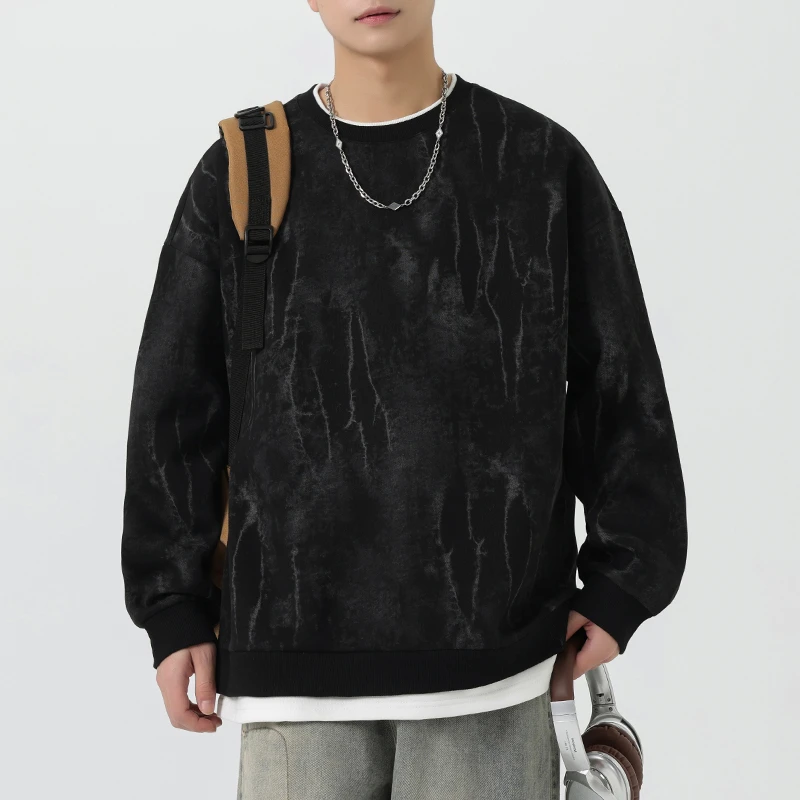 美式假两件圆领ins长袖上衣加绒男款春秋季宽松潮流休闲套头卫衣