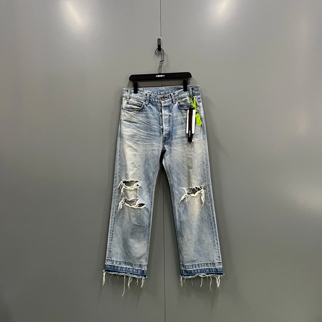 95新 Celine/思琳 C27 水洗做旧破洞直筒裤 31码/jc604846