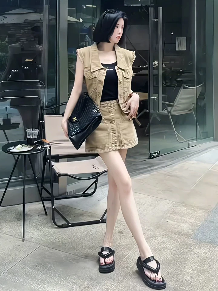 希希 法式牛仔套装裙子女夏季显瘦高级感马夹上衣A字裙两件套