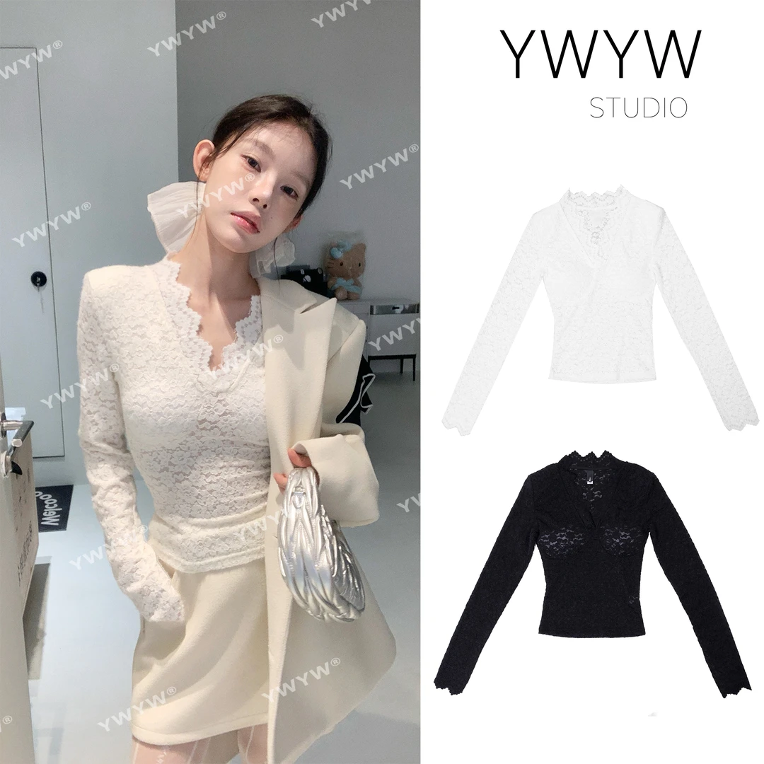 【YWYW25S/S】早春打底纯欲百搭镂空蕾丝花边袖围领体恤 3533