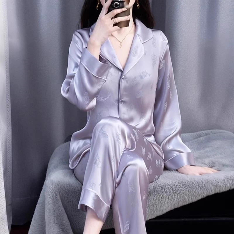 tpvl2025新款水光绸睡衣女春秋长袖家居服套装紫色可外穿高级感薄