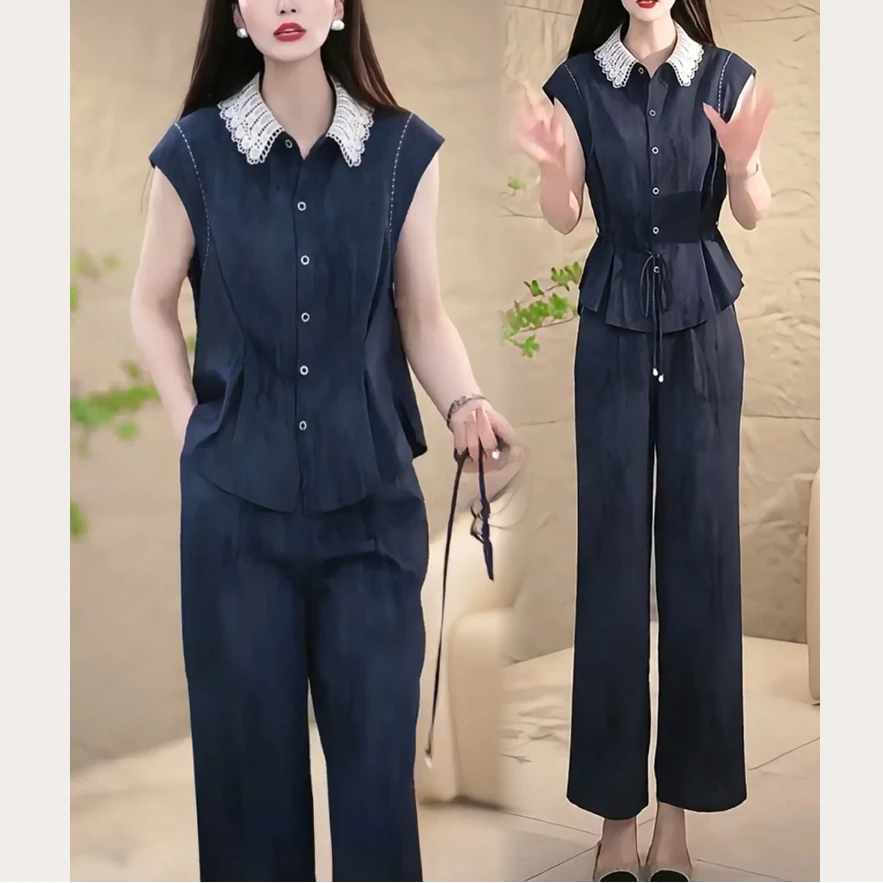 时尚套装女2025夏季法式气质蕾丝翻领短袖衬衫阔腿裤两件套M183