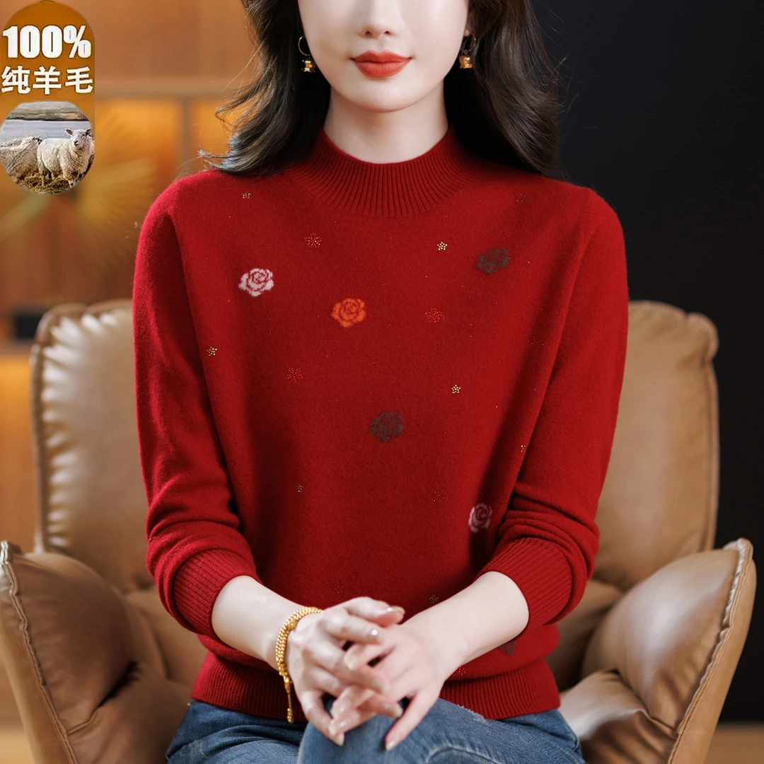 中年妈妈羊毛毛衣秋冬新款100%纯羊毛半高领提花宽松女士打底衫