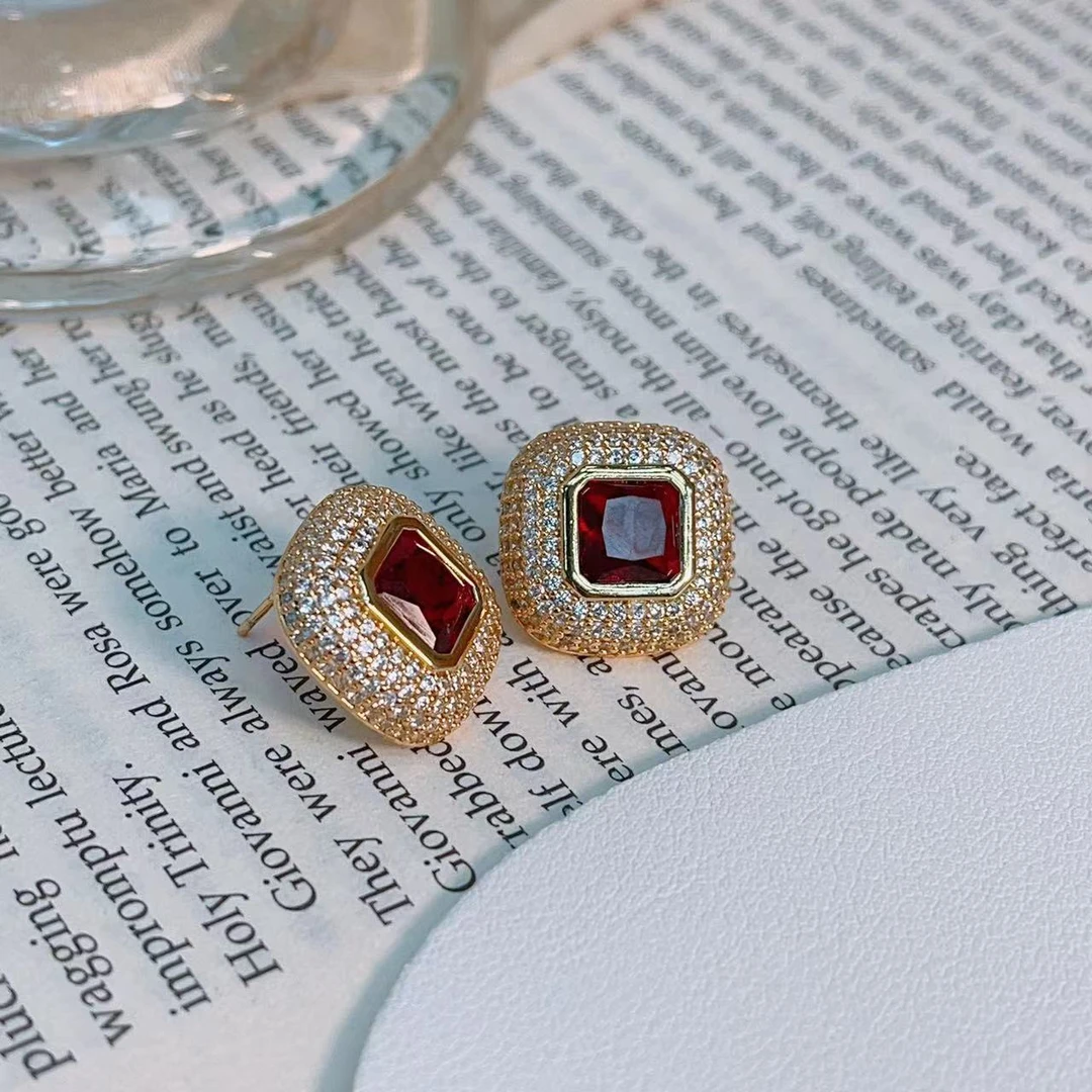 铜合金耳饰 《货号6449》XZ复古微镶方形耳钉气质耳环红色