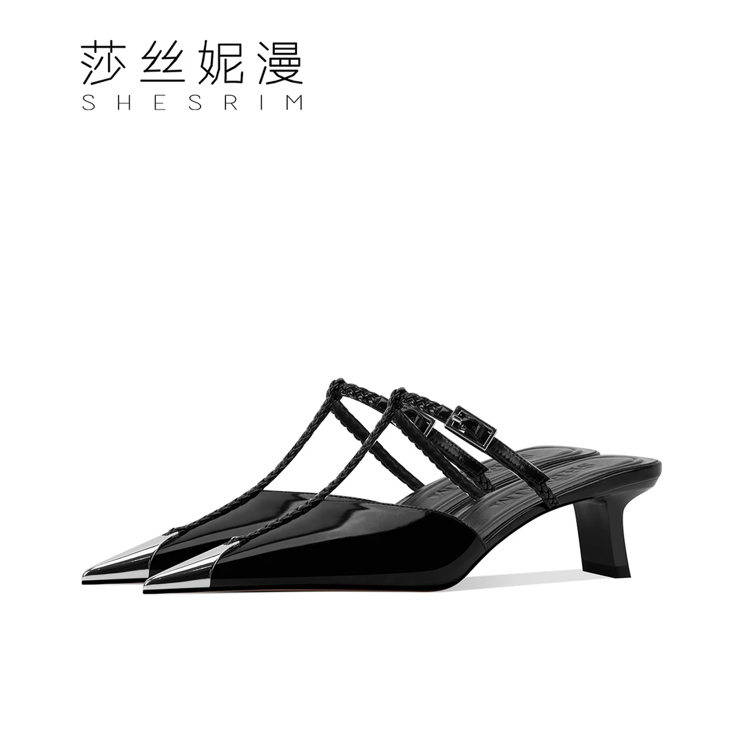 法式真皮女鞋2025春新款尖头一字扣细高跟鞋时尚显瘦包头半拖鞋