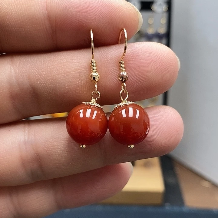 南红玛瑙银S925镀金镶嵌耳饰尺寸12mm