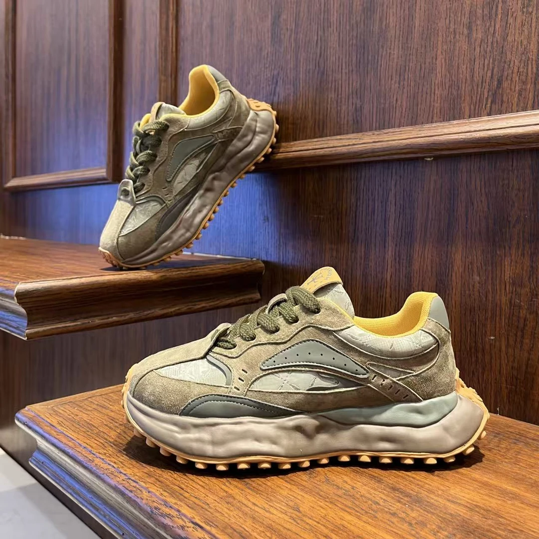 男鞋2025潮流厚底秋季反绒皮拼色增高休闲鞋时尚舒适低帮系带鞋子