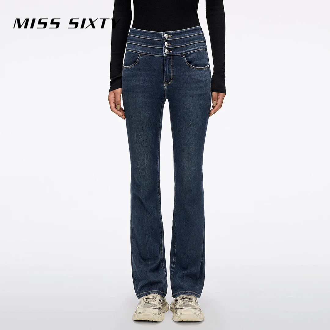 Miss Sixty2025秋季新款牛仔裤女三环高腰显瘦修身微喇叭裤子