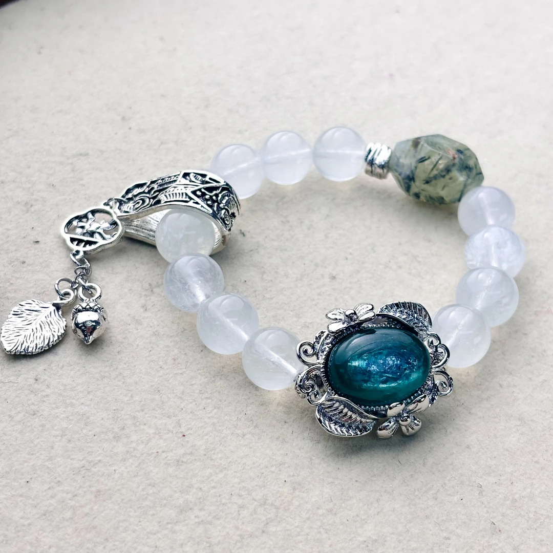 cb3570 绿锂云母 白蓝兔毛萤石  葡萄石 水晶气质手串
