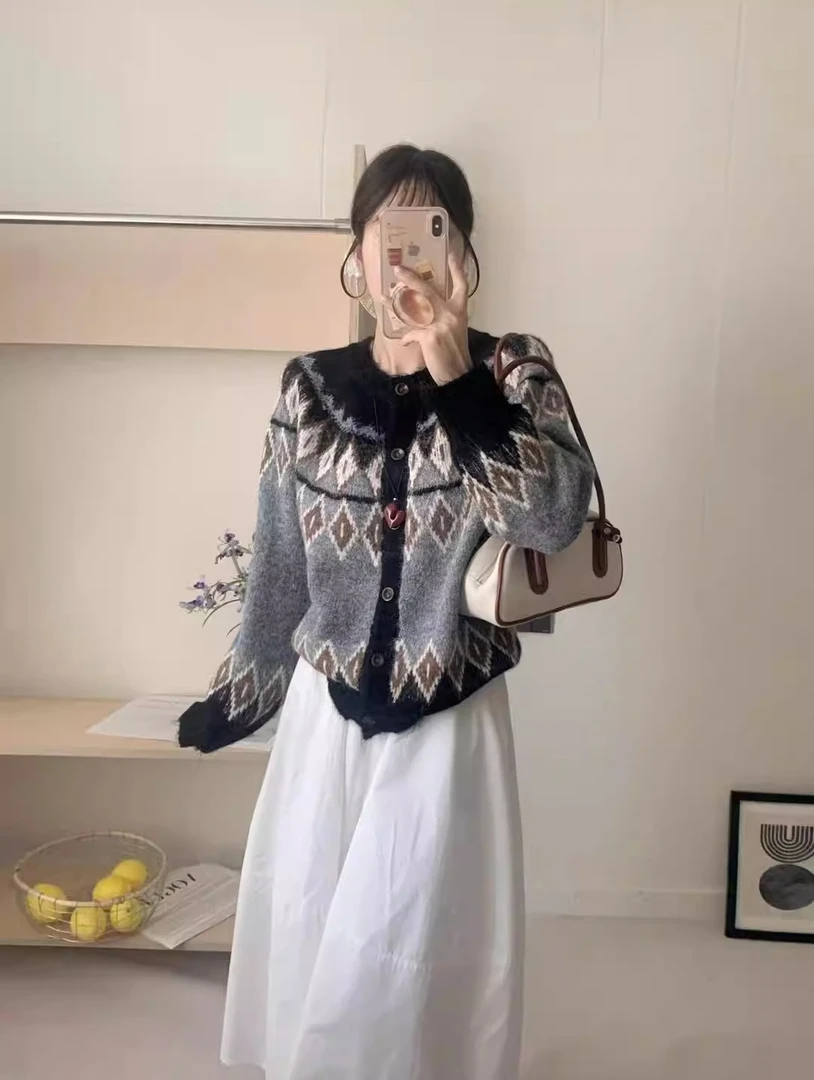 韩系费尔岛单排开衫针织毛衣复古撞色毛衣