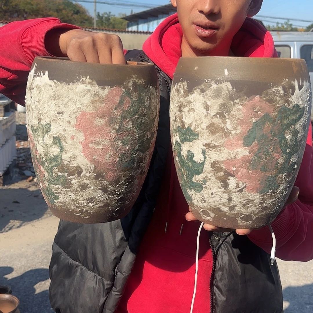 精品油画蛋壳两盒口径17高度23