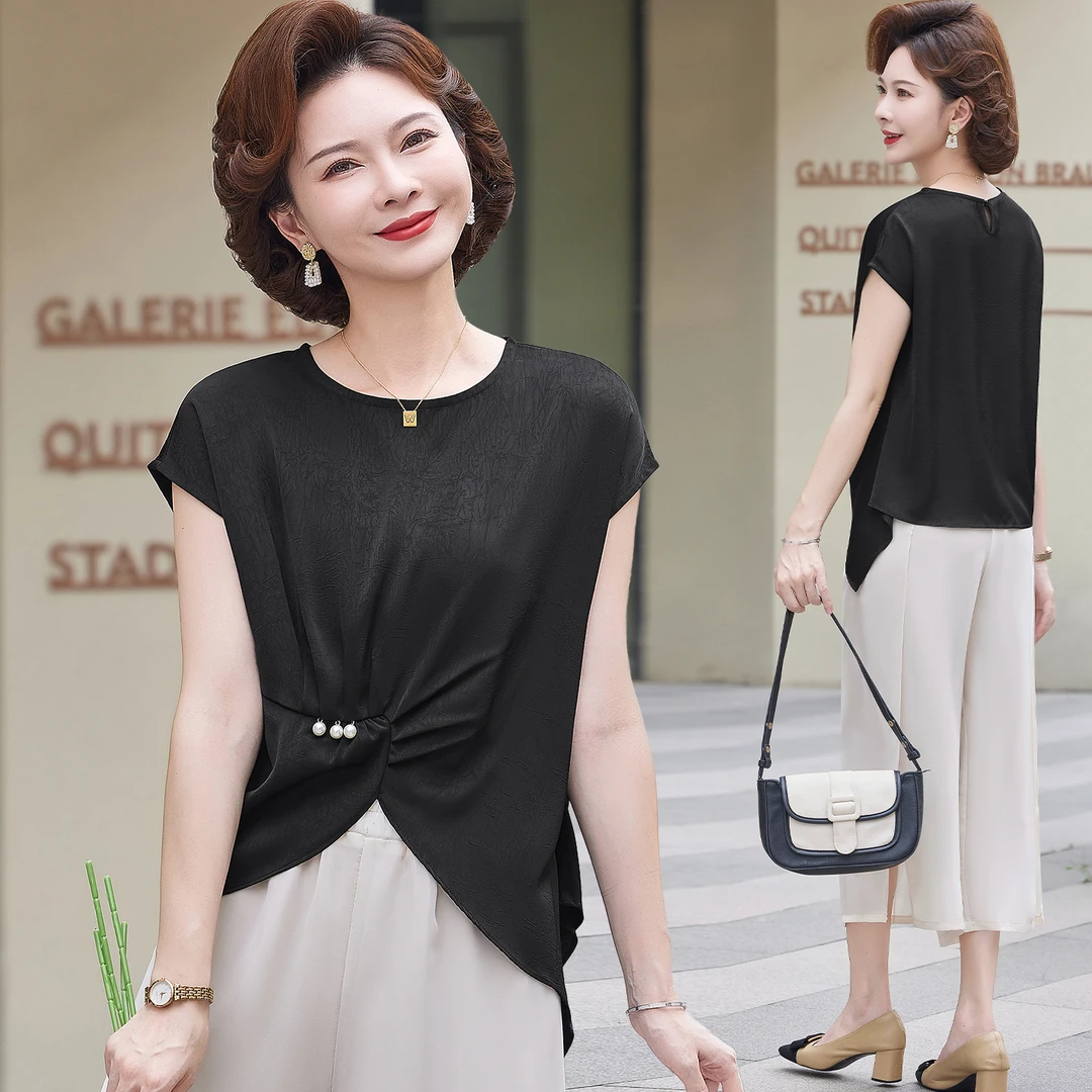 中老年妈妈夏装时尚洋气短袖T恤小衫上衣套装女雪纺阔腿裤两件套