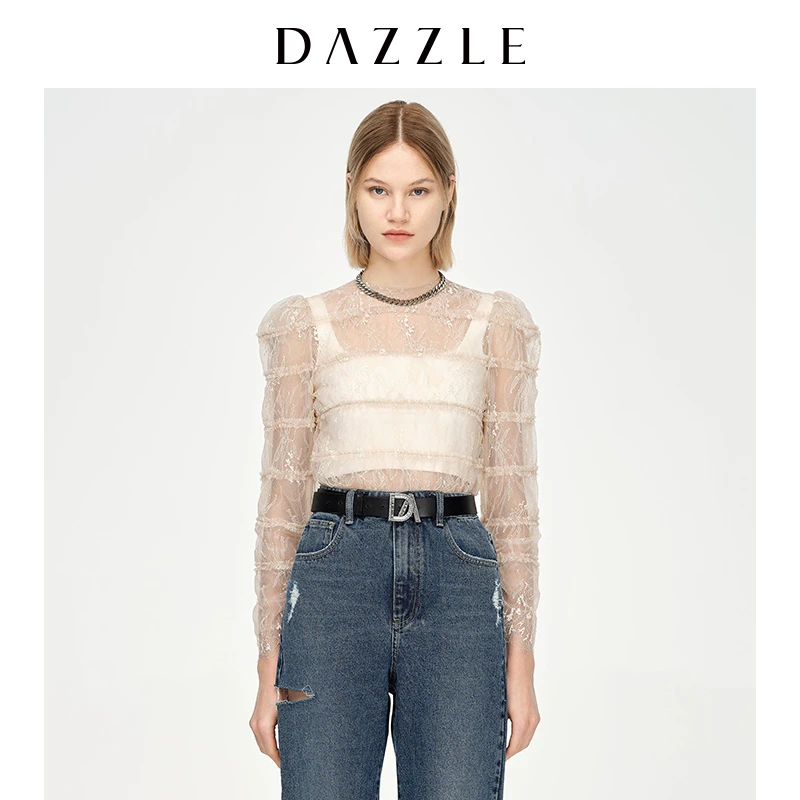 【MD】DAZZLE地素深卡其色网纱蕾丝打底衫上衣2D1D5367N