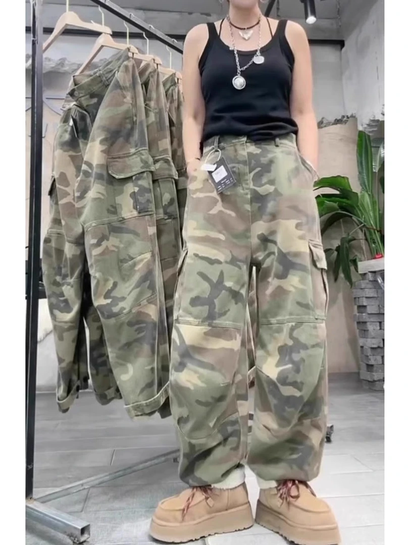 个性工装牛仔裤女2025春季新款多口袋铆钉美式百搭显瘦大码直筒裤