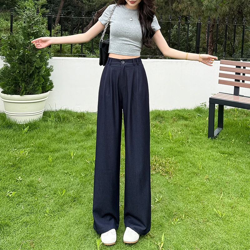 150小个子深蓝色西装窄版阔腿裤女夏季2025新款薄款休闲直筒裤子