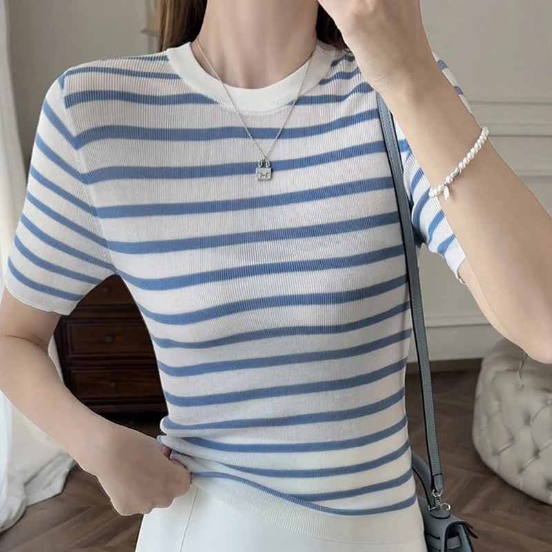 夏季轻奢小众高级感条纹针织衫女千金清冷感贵系衣服独特漂亮小衫