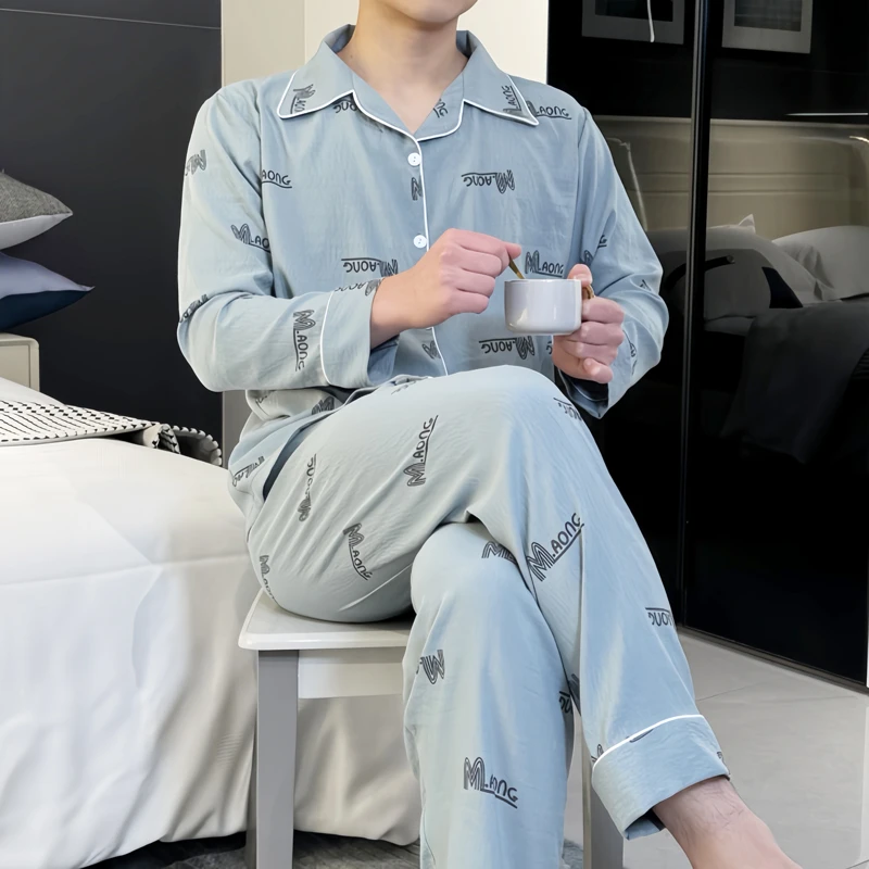 男生睡衣2025春夏薄款长袖空调服青少年绵绸家居服套装