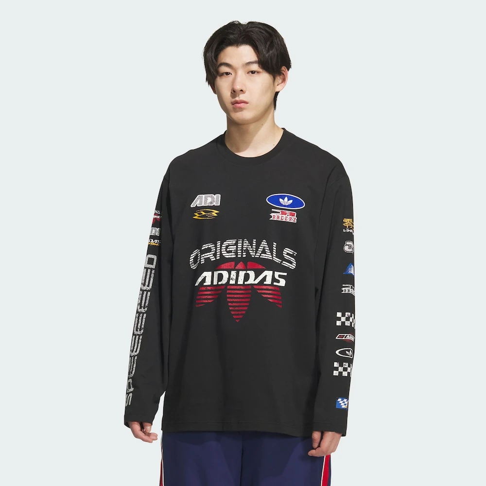 adidas 三叶草薄款赛车风纯棉运动宽松长袖T恤KH1199