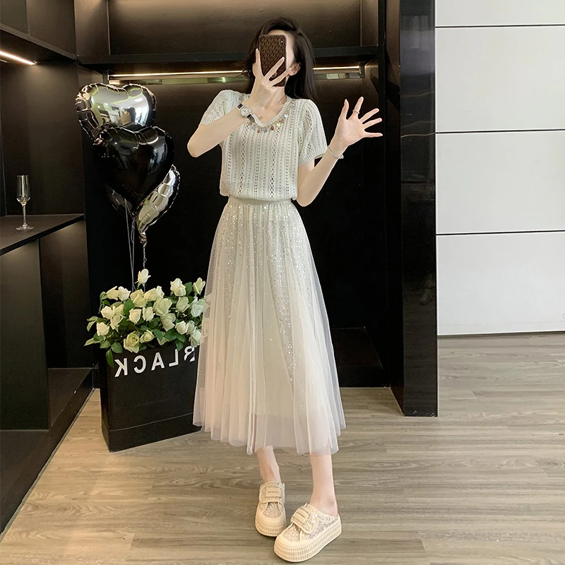 镂空v领短袖针织衫套装女夏季法式亮片仙气网纱半身裙仙女裙两套