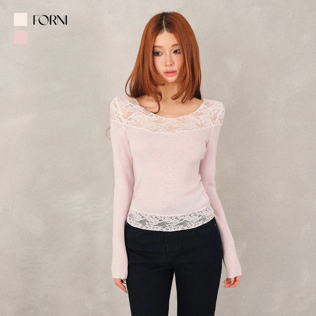 FORNI 小蛮腰蕾丝衫 法式小姨感羊毛拼接蕾丝针织打底衫上衣