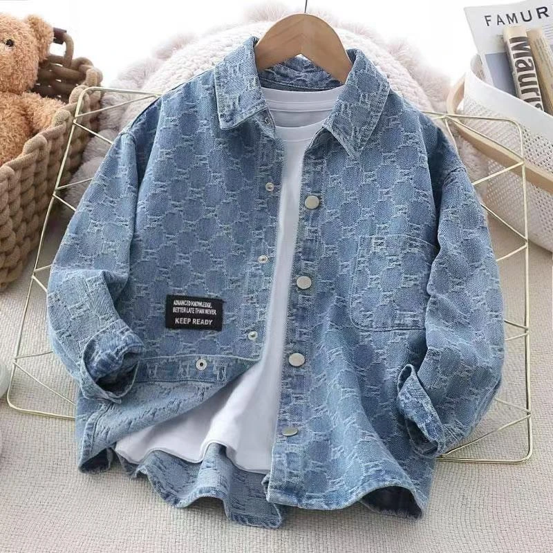【商场同款】男童牛仔衬衫春秋新款提花儿童长袖休闲外套薄衬
