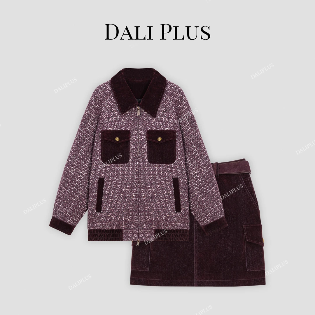 DALI PLUS套装系列 重工紫红色丝绒拼接粗花呢鸭绒服-D4KK0169