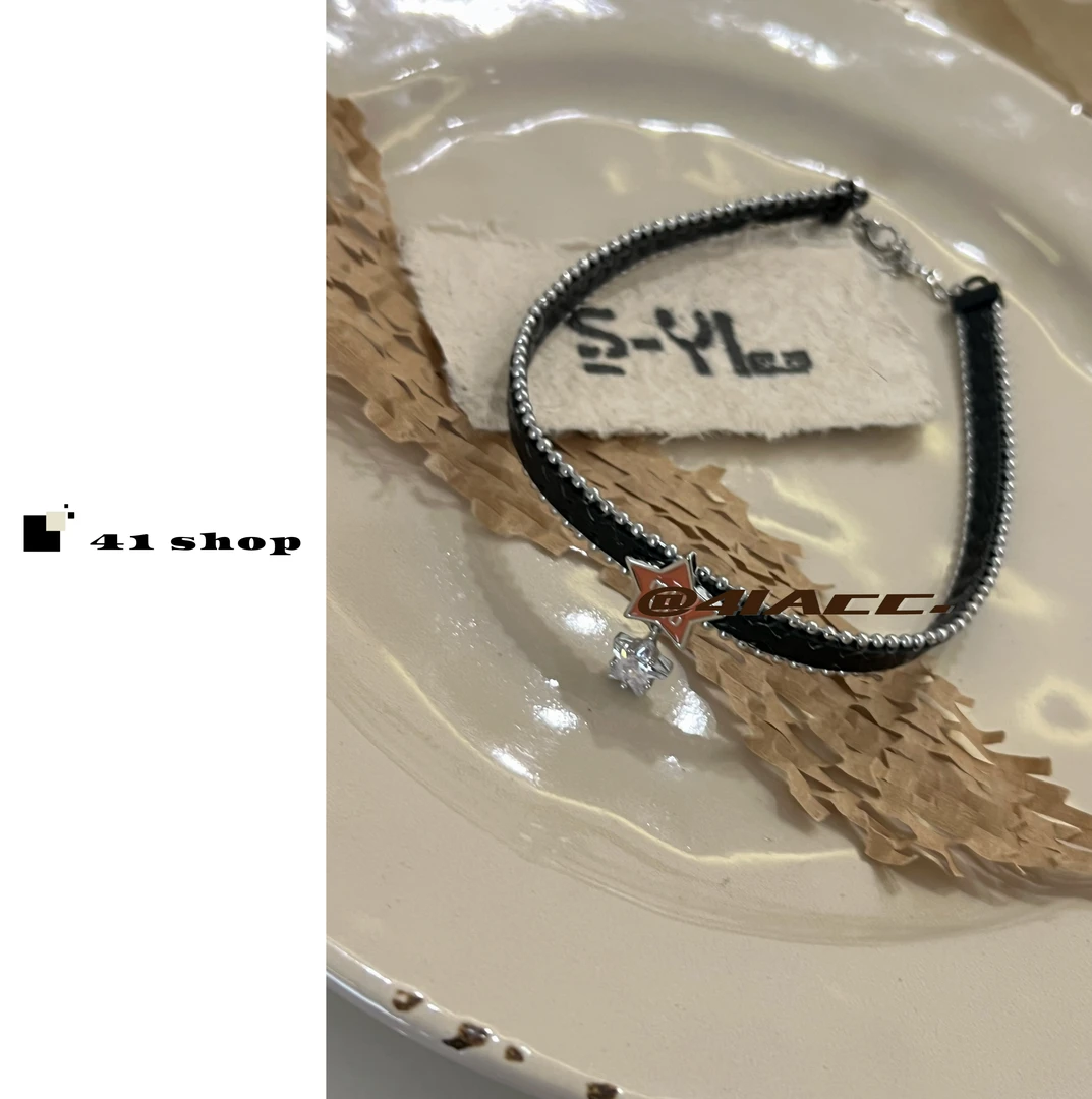铜合金皮质项链 A067 妹妹滴釉五角星吊珠五角星锆石皮皮颈链