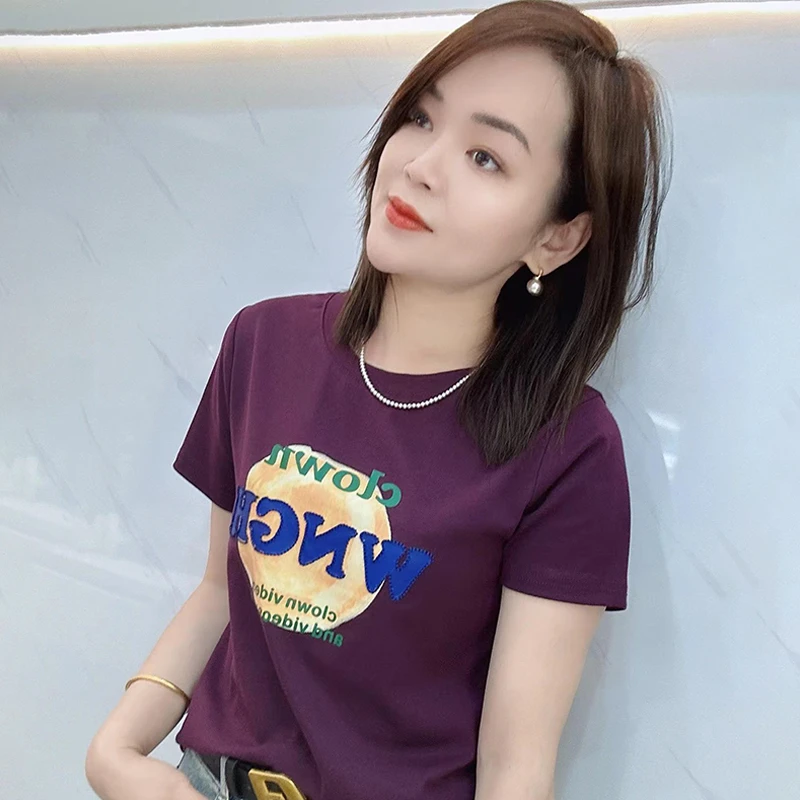 时尚圆领短袖正肩印花字母t恤女2025年夏季新款百搭显瘦ins短上衣