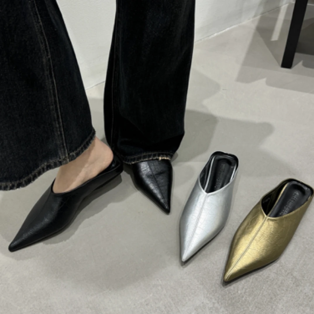 2025韩版春夏新款小众尖头包头平底半拖鞋外穿低跟穆勒凉拖