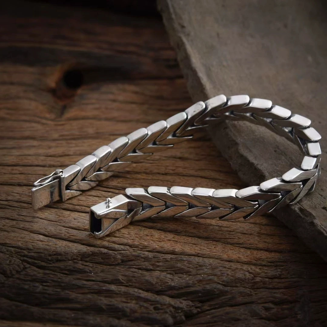 925银手链 朋克风做旧麦穗手链男士潮流复古纯银硬汉重工光面手环
