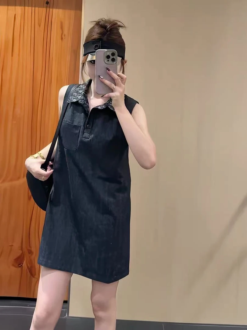 10065【D家订单】韩系简约撞色翻领牛仔连衣裙女夏季气质宽松背心裙