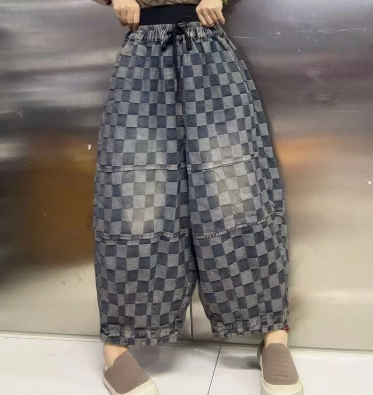 炒色棋盘格百搭牛仔裤0825112-1