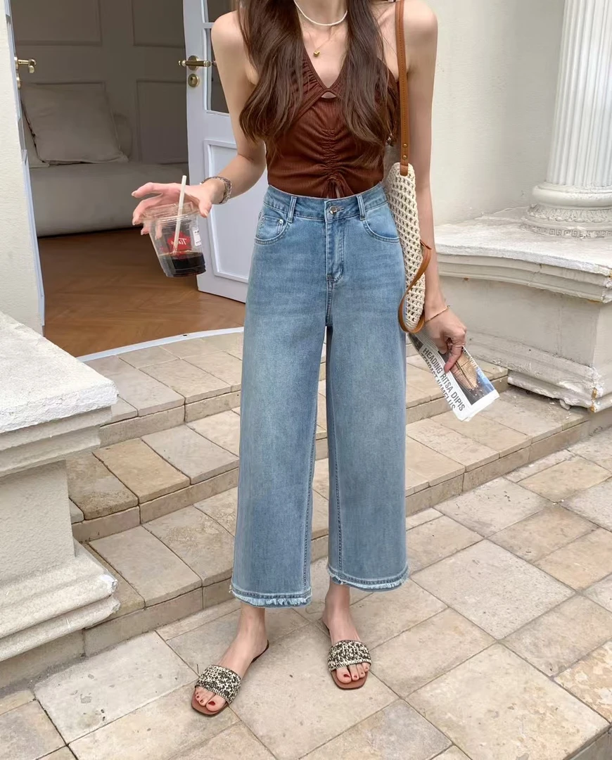 邹先森581-28夏季新款时尚百搭直筒裤休闲裤水洗设计师浅蓝