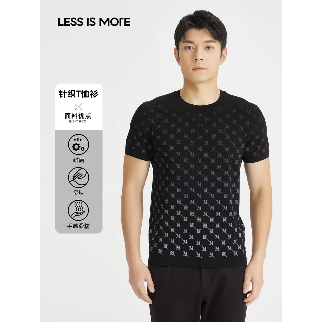 Lilanz/利郎男士毛织短T-黑色针织舒适透气印花圆领 Q4XTX5111S