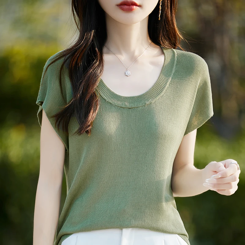 哥弟阿玛施正品会呼吸的针织衫2025夏季新款纯欲U领气质短袖女