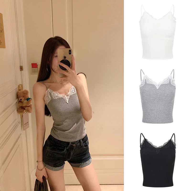 Moses Queen/魔西女王灰色蕾丝边V领吊带背心女夏固定杯无袖上衣