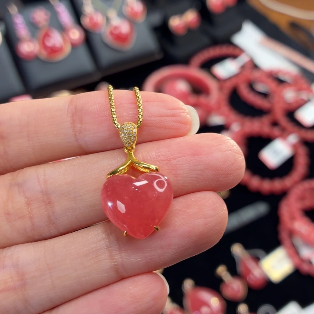 菱锰矿（红纹石）18K金镶嵌吊坠(不含链)
